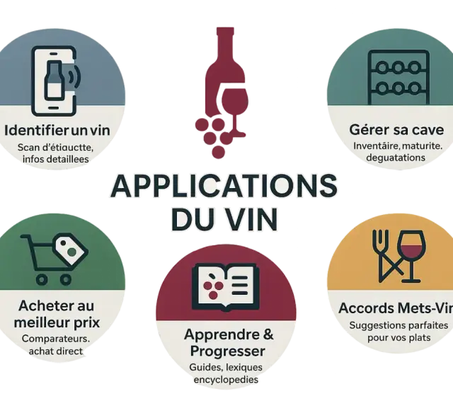 Cinq icônes illustrent les applications du vin : identifier, gérer sa cave, acheter, apprendre et trouver des accords mets-vins.
