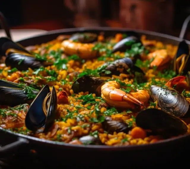 Paella au poulet et fruits de mer, garnie de persil frais. Quel vin rouge avec paella poulet fruits mer ? Un plat savoureux.