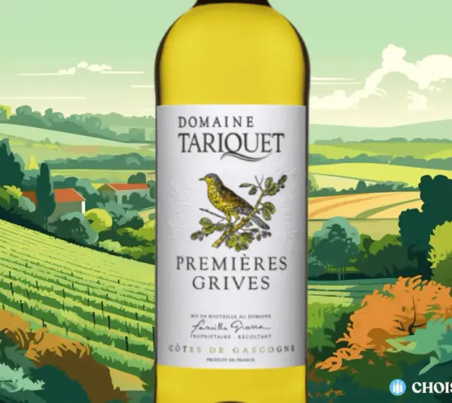 Bouteille de vin blanc "Premières Grives" du Domaine Tariquet, Côtes de Gascogne. Idéal pour une vente à la propriété.