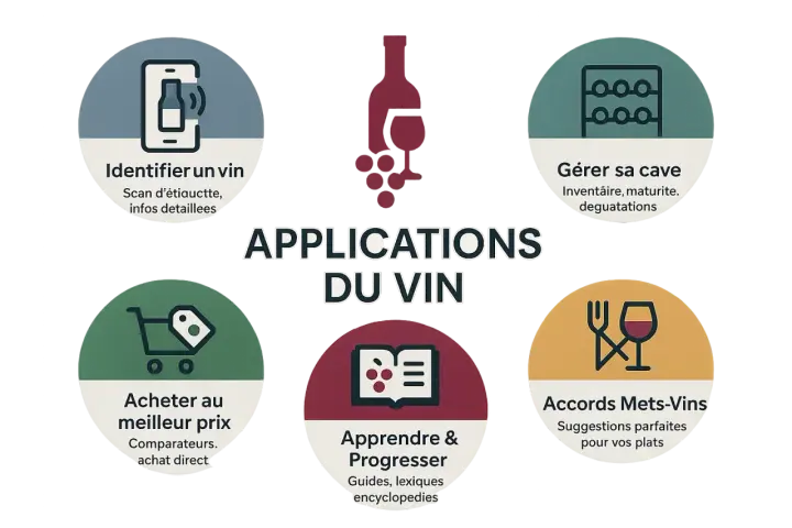 Cinq icônes illustrent les applications du vin : identifier, gérer sa cave, acheter, apprendre et trouver des accords mets-vins.