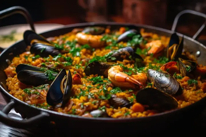 Paella au poulet et fruits de mer, garnie de persil frais. Quel vin rouge avec paella poulet fruits mer ? Un plat savoureux.