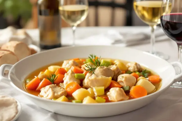 Un plat de poule au pot réconfortant, servi avec du pain et un verre de vin.
