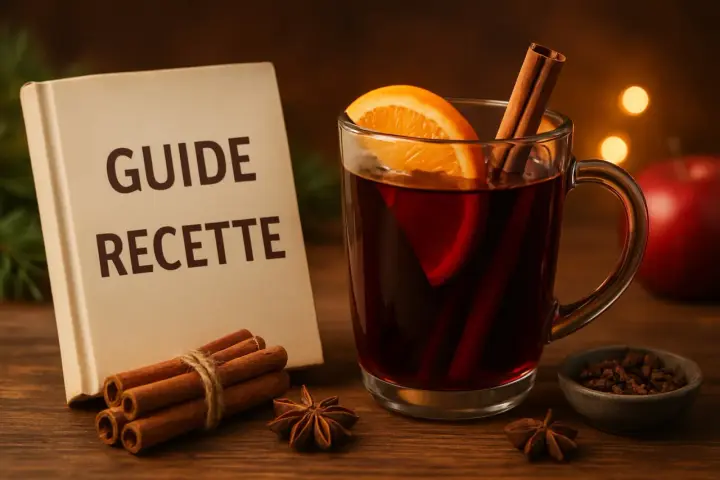 Un verre de vin chaud aux épices, prêt à réchauffer 50 personnes. Un livre "Guide Recette" à côté.