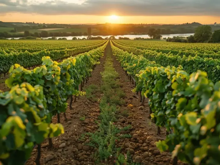 Un vignoble s'étend à perte de vue sous un soleil couchant. Les rangées de vignes, vertes et luxuriantes, semblent murmurer des secrets anciens, comme une invitation à la taille aux loups.