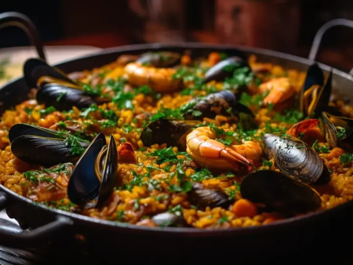 Paella au poulet et fruits de mer, garnie de persil frais. Quel vin rouge avec paella poulet fruits mer ? Un plat savoureux.