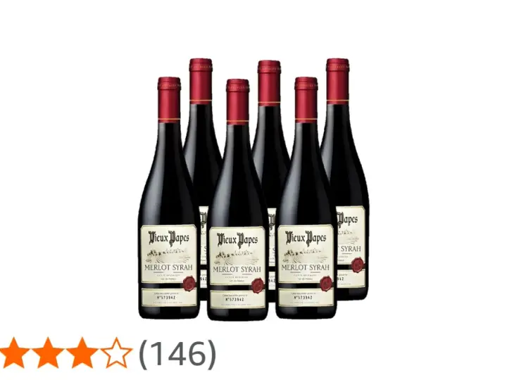 Six bouteilles de vin rouge Vieux Papes Merlot Syrah, avec une note de 4/5. Un avis sur ce vin vieux pape est très positif.