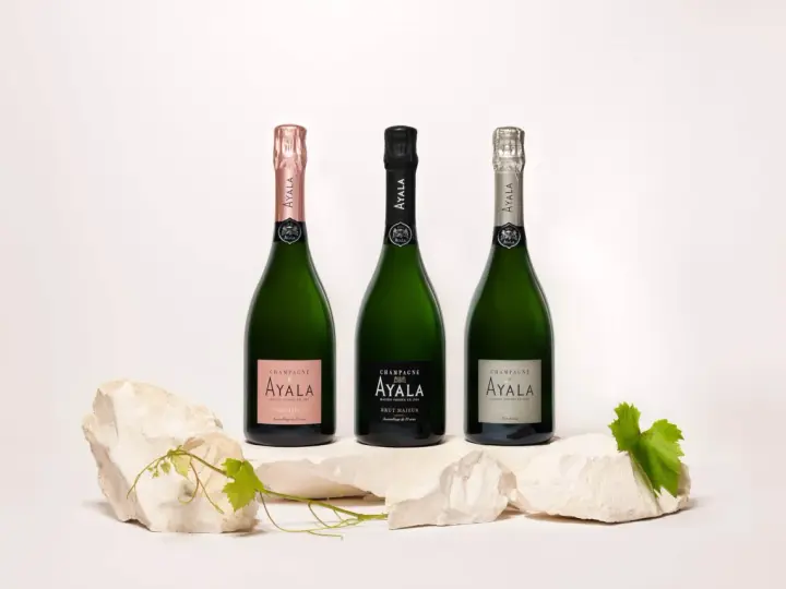 Trois bouteilles de champagne Ayala, dont une rosé, présentées sur des pierres. Avis sur le champagne Ayala.