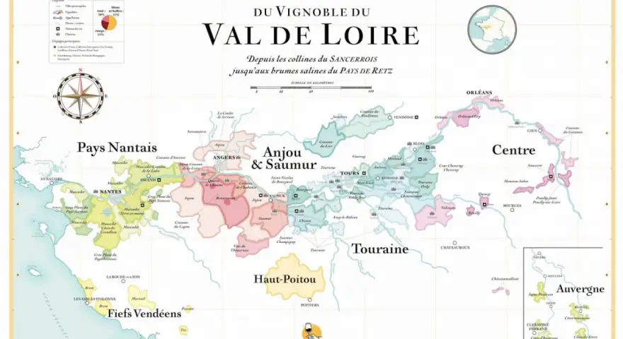 Carte des vins du Val de Loire : découvrez les régions viticoles, des Pays Nantais à l'Auvergne, et trouvez le meilleur vin de Loire rouge.