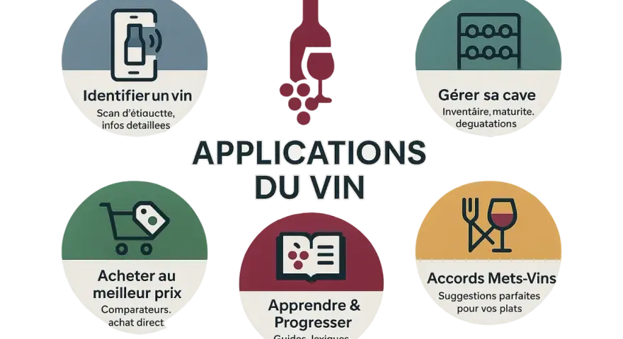 Cinq icônes illustrent les applications du vin : identifier, gérer sa cave, acheter, apprendre et trouver des accords mets-vins.