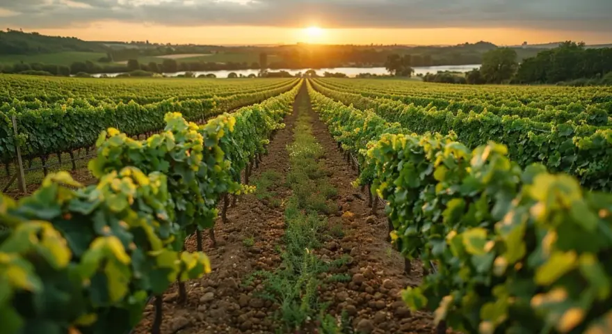 Un vignoble s'étend à perte de vue sous un soleil couchant. Les rangées de vignes, vertes et luxuriantes, semblent murmurer des secrets anciens, comme une invitation à la taille aux loups.
