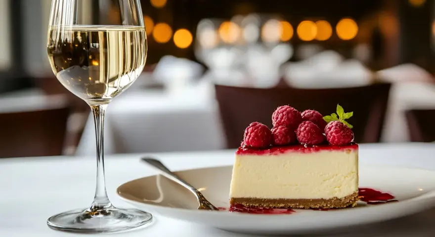 Un verre de vin blanc, une boisson parfaite pour accompagner ce délicieux cheesecake aux framboises.