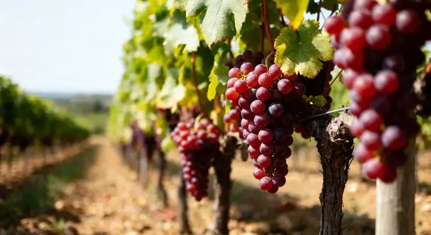 Grappes de raisin rouge mûrissant sous le soleil, prêtes à être récoltées pour le vin du **Château Montus**.