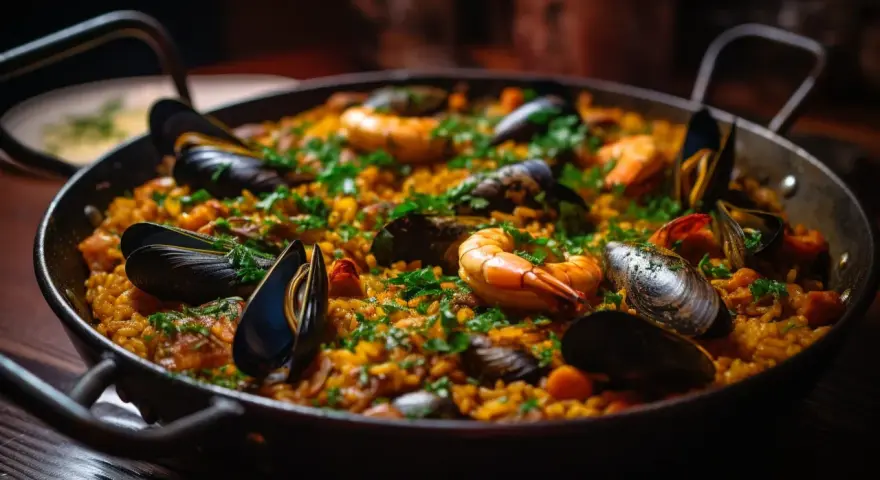 Paella au poulet et fruits de mer, garnie de persil frais. Quel vin rouge avec paella poulet fruits mer ? Un plat savoureux.