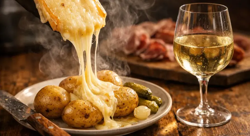 Raclette fondant sur des pommes de terre, avec cornichons et un verre de vin blanc pétillant. Parfait pour savoir quel est le meilleur crémant.