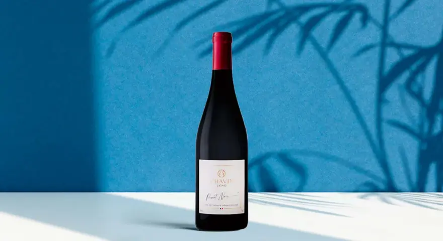 Bouteille de Pinot Noir Chavin Zero, le meilleur vin sans alcool, sur fond bleu avec des ombres de feuilles.