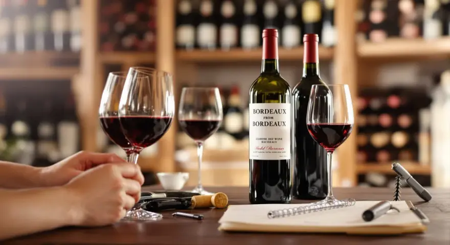 Dégustation de ce meilleur vin rouge bordeaux, avec des verres remplis et des bouteilles sur une table en bois, dans une cave à vin.