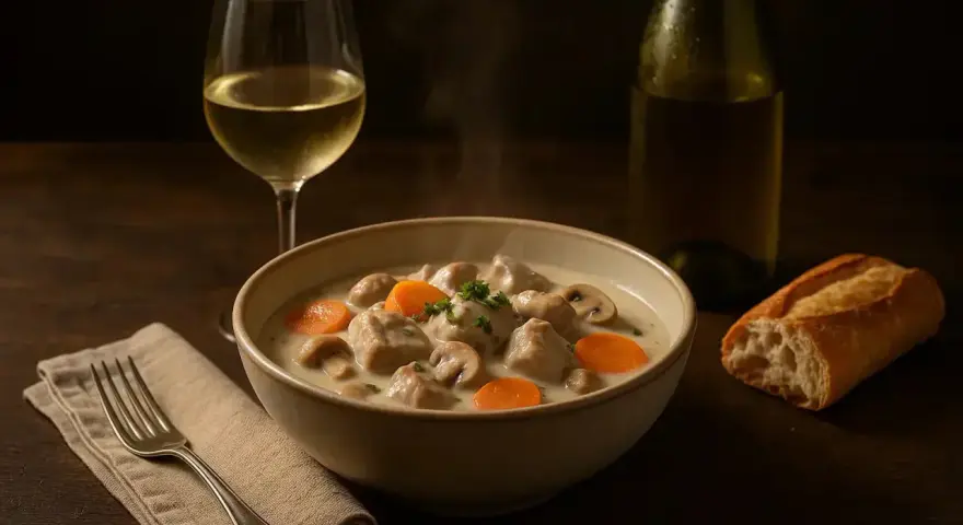 Un plat fumant de blanquette de veau, garni de carottes et champignons, accompagné d'un verre de vin blanc et d'une baguette.