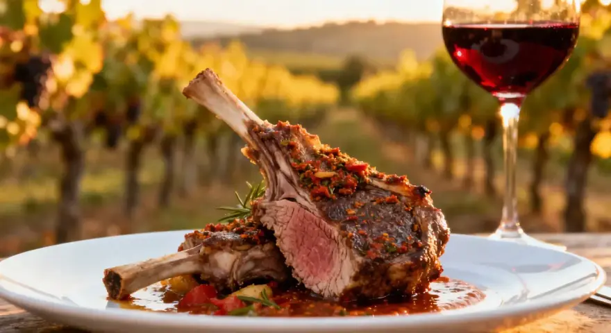 Un plat d'agneau rôti avec une sauce savoureuse, accompagné d'un verre de vin rouge, dans un décor de vignoble. Idéal pour savoir quel vin avec agneau.