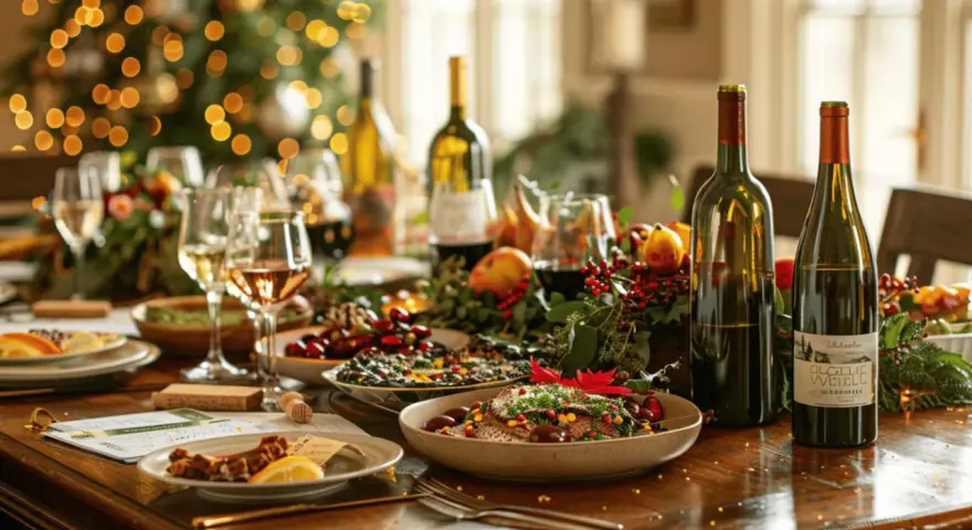 Un menu accord mets et vins festif avec des plats, des bouteilles de vin et des décorations de Noël.