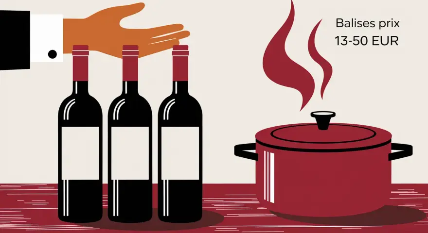 Trois bouteilles de vin rouge, idéales pour une daube savoureuse. Prix : 13-50 EUR.