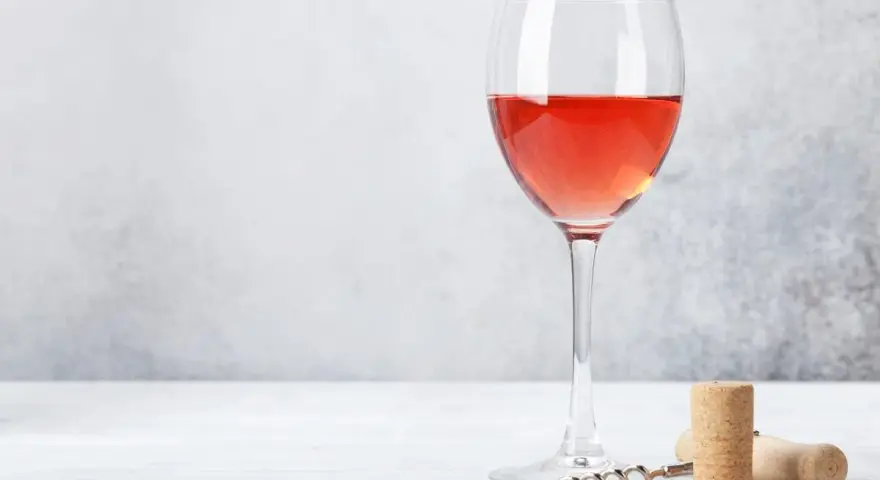 Un verre de bon rosé, prêt à être dégusté, avec un tire-bouchon et un bouchon à proximité.