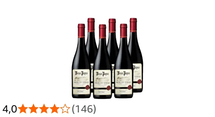 Six bouteilles de vin rouge Vieux Papes Merlot Syrah, avec une note de 4/5. Un avis sur ce vin vieux pape est très positif.