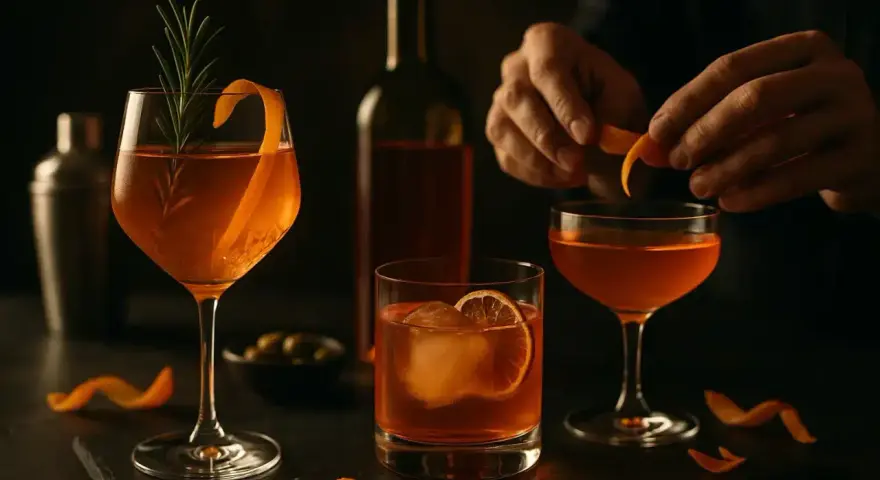 Trois cocktails ambrés, dont un avec une écorce d'orange et du romarin. Un barman prépare un autre verre avec du vin d'orange avec peau.