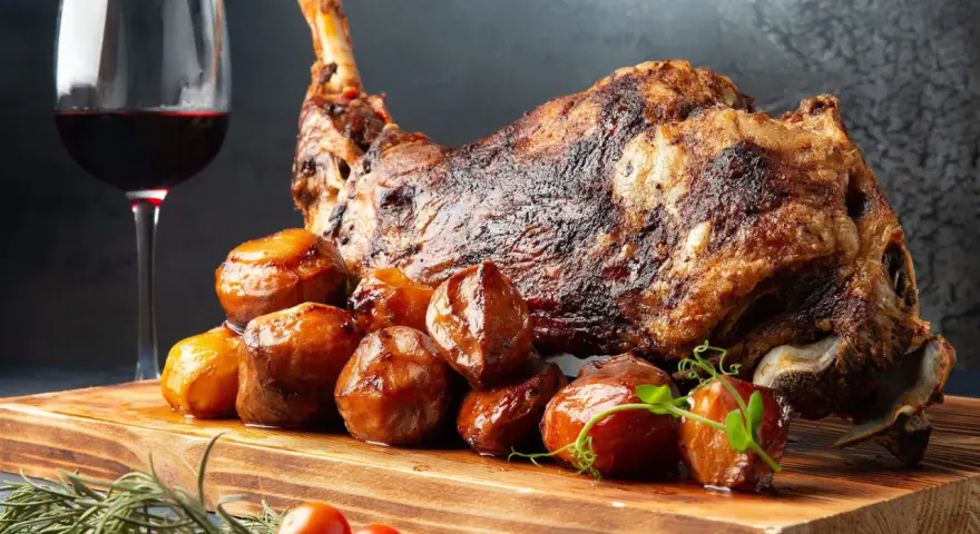 Gigot d'agneau rôti, pommes de terre grenaille et un verre de vin rouge. La question est : que boire avec un gigot d'agneau ?