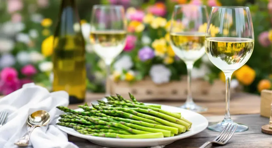Un plateau d'asperges vertes fraîches, une bouteille de vin blanc et deux verres remplis de vin, parfaits pour savoir quel vin avec asperges.