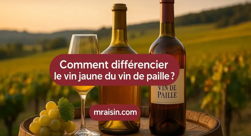 Bouteilles de vin, verre et grappe de raisin sur un tonneau, avec un vignoble en arrière-plan. Le texte demande "Comment différencier le vin jaune du vin de paille ?".