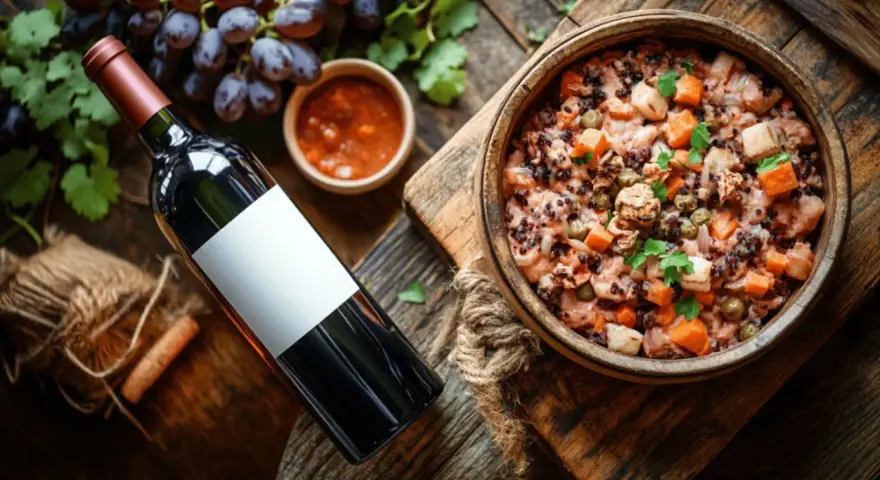 Un plat de céréales et légumes, accompagné d'une sauce, de raisins et d'une bouteille de vin rouge.