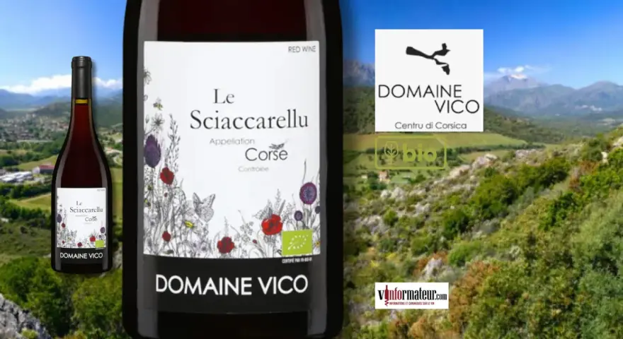 Bouteille de vin rouge "Le Sciaccarellu" du Domaine Vico, un cépage corse rouge, sur fond de paysage montagneux.