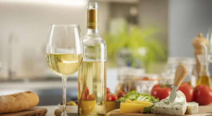 Un verre et une bouteille de quel vin blanc, accompagnés de pain, de fromage et de tomates, prêts pour un apéritif.