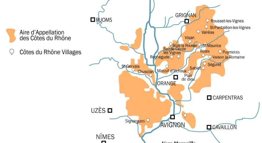 Carte des Côtes du Rhône avec les zones d'appellation et villages.