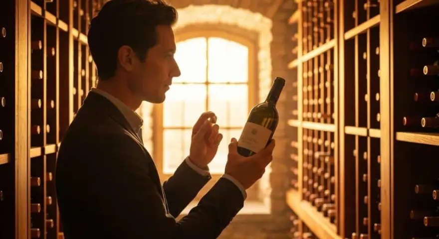 Un homme examine une bouteille de cava alcool dans une cave à vin éclairée par la lumière du jour filtrant par une fenêtre.