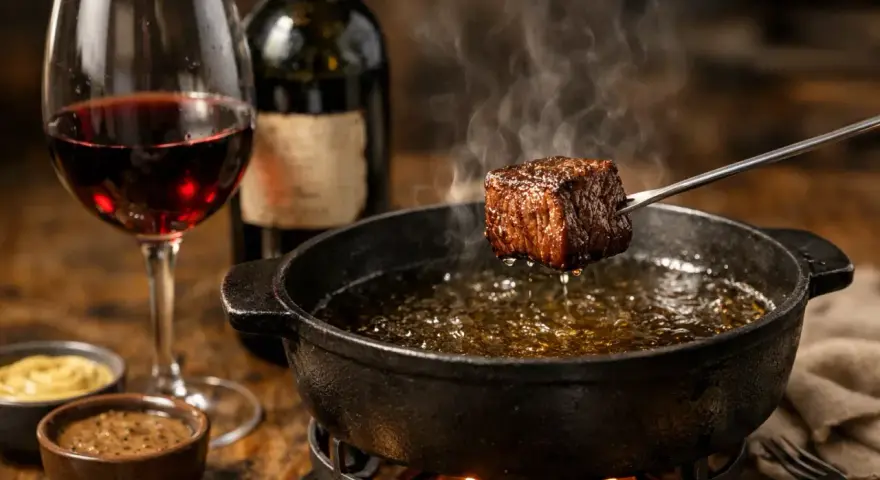 Un morceau de bœuf est plongé dans une fondue fumante, accompagné d'un verre de vin rouge.