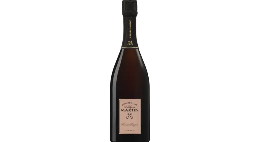 Bouteille de Champagne Philippe Martin Rosé de Saignée. Ce type de vin rosé est obtenu par macération, une méthode qui lui confère sa couleur et ses arômes.