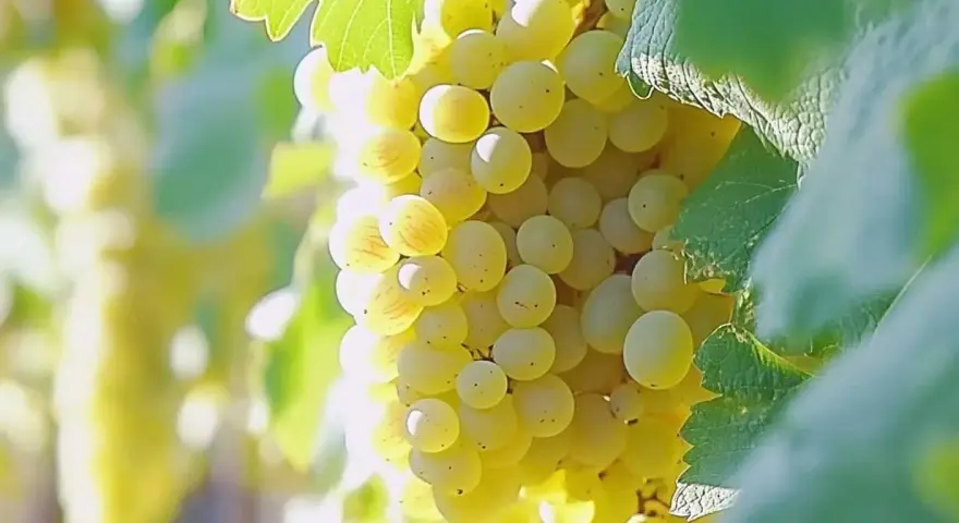 Grappes de raisin blanc mûres, prêtes à devenir un vin chenin.