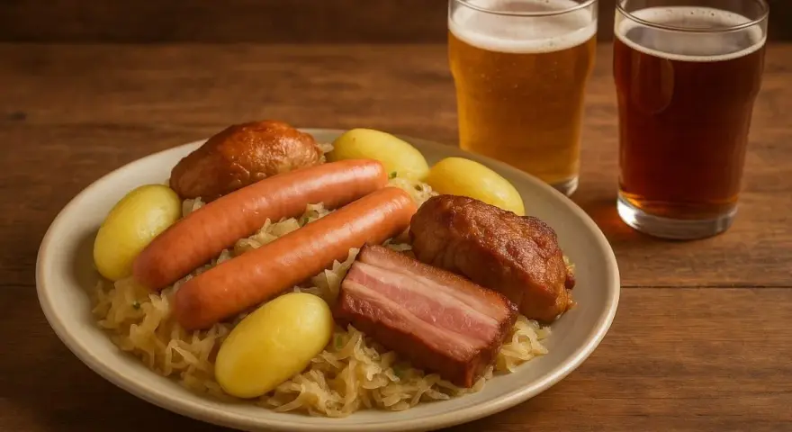 Assiette de choucroute garnie avec saucisses, lard, pommes de terre et deux verres de bière. Un repas copieux, parfait avec une bière ou un vin blanc.