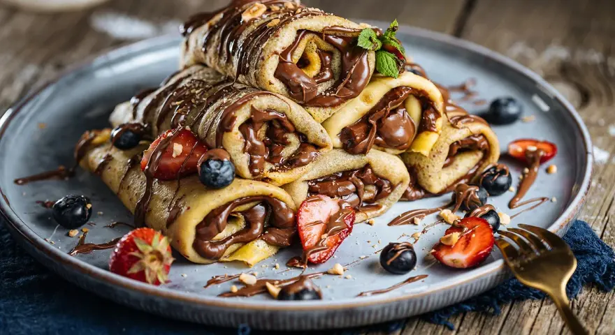 Crêpes roulées au chocolat, garnies de fraises et myrtilles. Parfaites pour savoir que boire avec des crêpes sucrées.