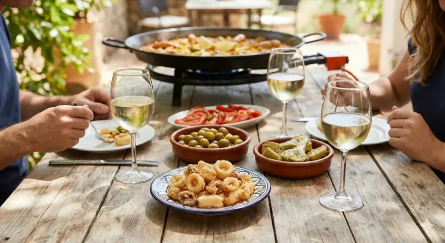 Un repas ensoleillé avec une paella fumante, des calamars frits, des olives, des cœurs d'artichauts, des tomates et un verre de vin blanc.