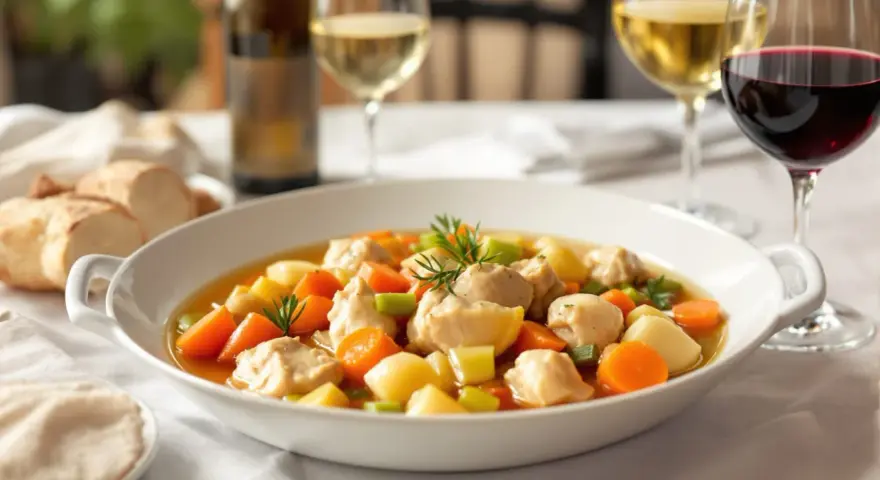 Un plat de poule au pot réconfortant, servi avec du pain et un verre de vin.