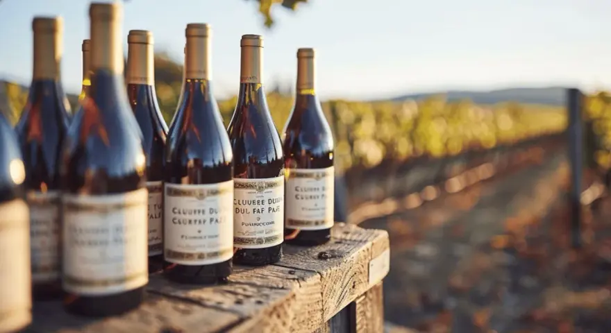 Bouteilles de Châteauneuf-du-Pape sur une table en bois, avec un vignoble en arrière-plan.