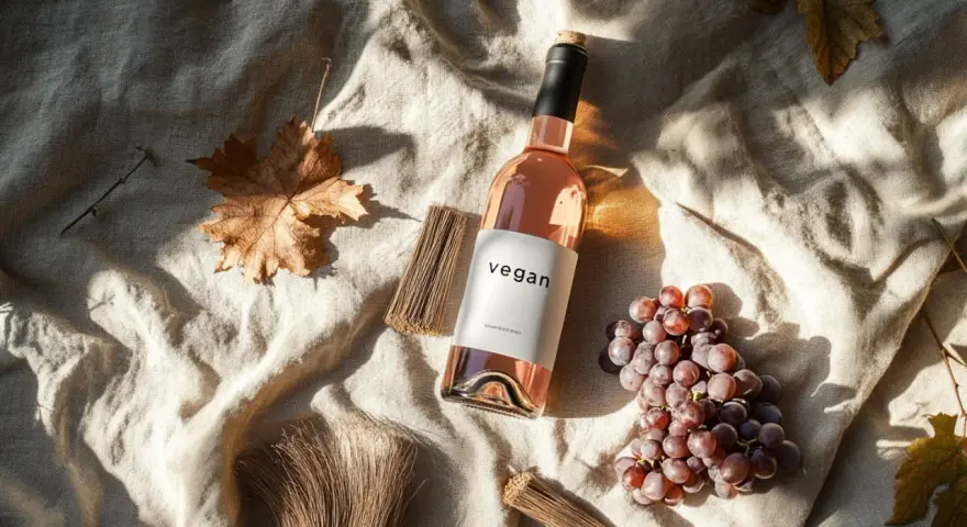 Bouteille de vin vegan rosé, posée sur un tissu beige, avec des grappes de raisin et des feuilles d'automne.