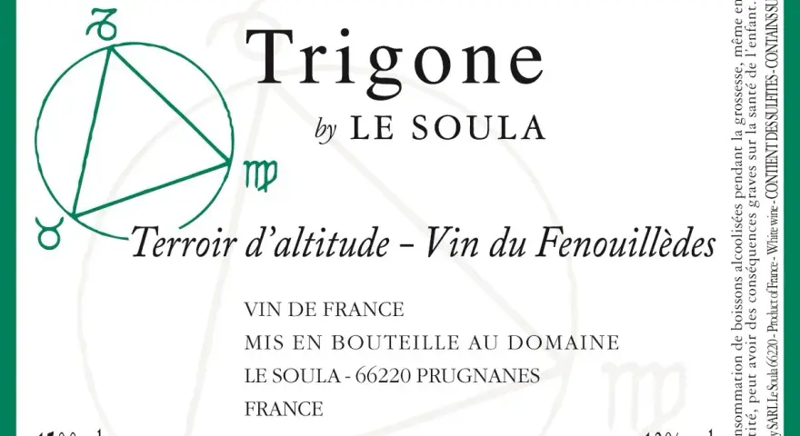 Étiquette de vin "Trigone" par Le Soula, avec un cercle astrologique et le texte "Terroir d'altitude".