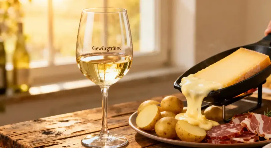Un verre de Gewurztraminer accompagne une raclette fondante, des pommes de terre et de la charcuterie sur une table en bois.