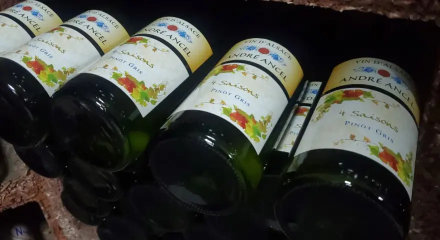 Bouteilles de vin d'Alsace "4 Saisons Pinot Gris" d'André Ancel, prêtes à être dégustées. Un quart de vin pour chaque saison.