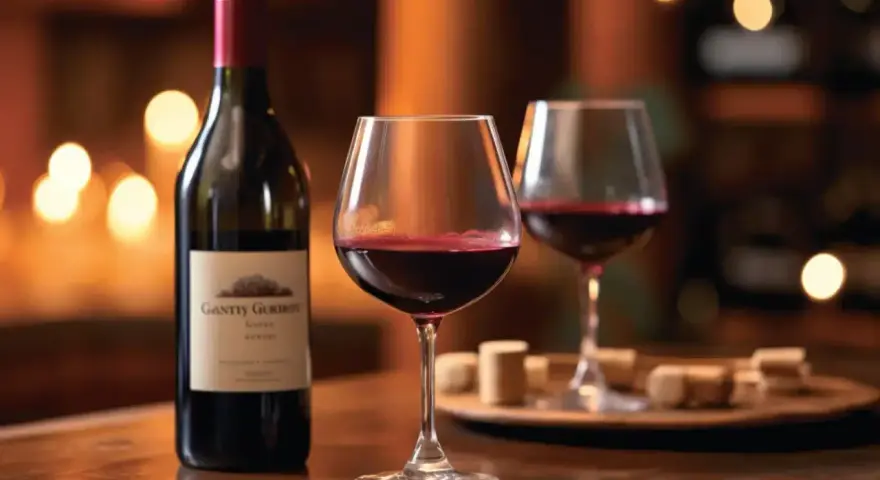 Une bouteille et deux verres de vin rouge, un gamay vin, sur un bar. Des bouchons de liège sont disposés sur un plateau.