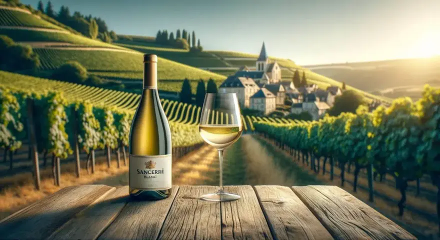 Bouteille et verre de Sancerre blanc sur une table en bois, avec des vignobles verdoyants et un village en arrière-plan. Le cepage Sancerre blanc est à l'honneur.