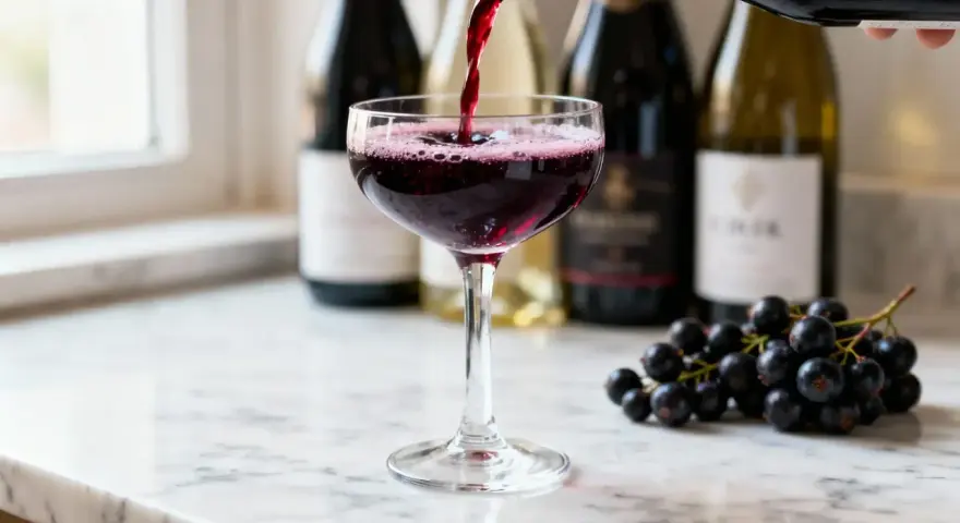 Un verre de vin rouge est servi, avec des grappes de raisin noir à côté. Le vin aligoté, souvent blanc, ici rouge, évoque la fraîcheur et la vivacité.